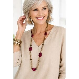 Chico’s Gold Tone Chain Statement Necklace Magenta Resin Beads Long Layering